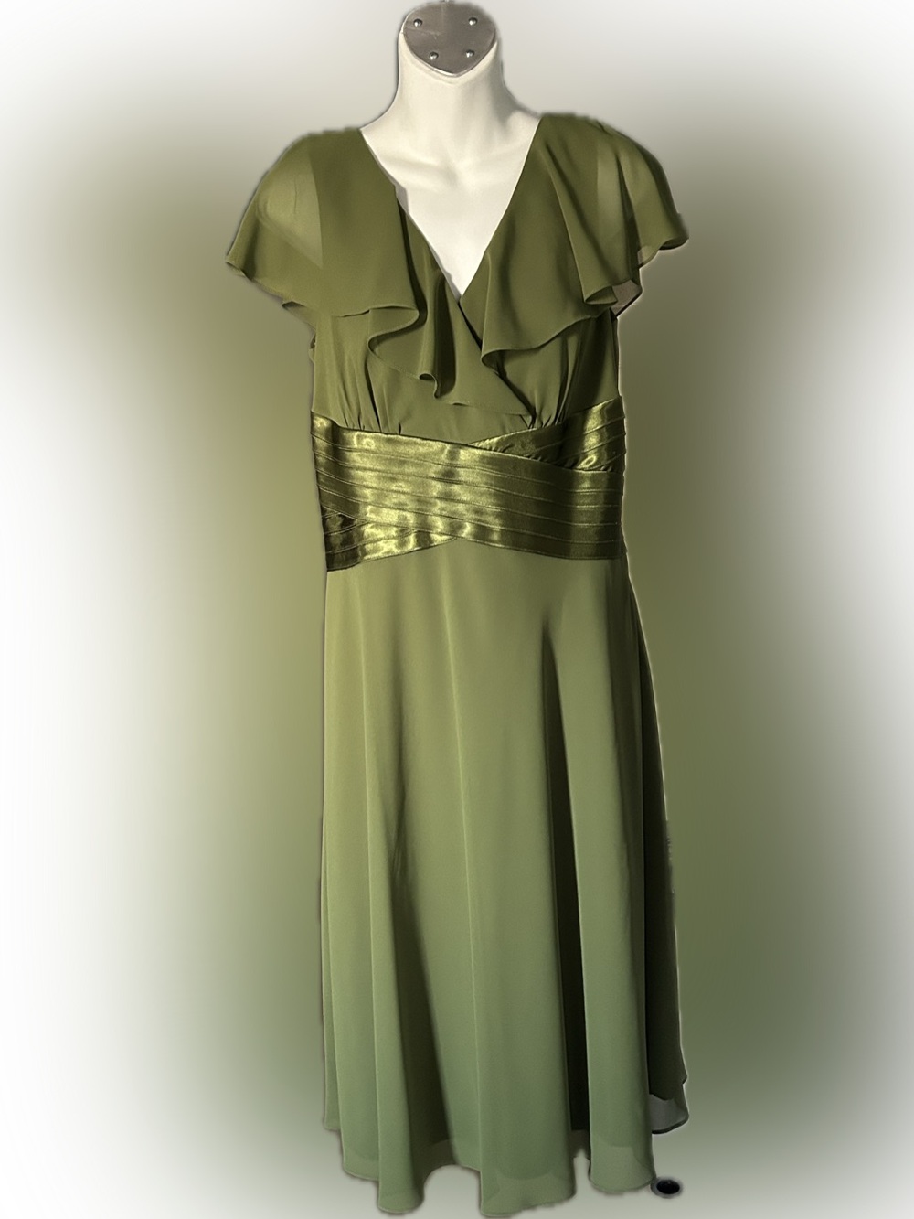 Liz Claiborne Olive Green Ruffle V-Neck Maxi Dress with Satin Waistband